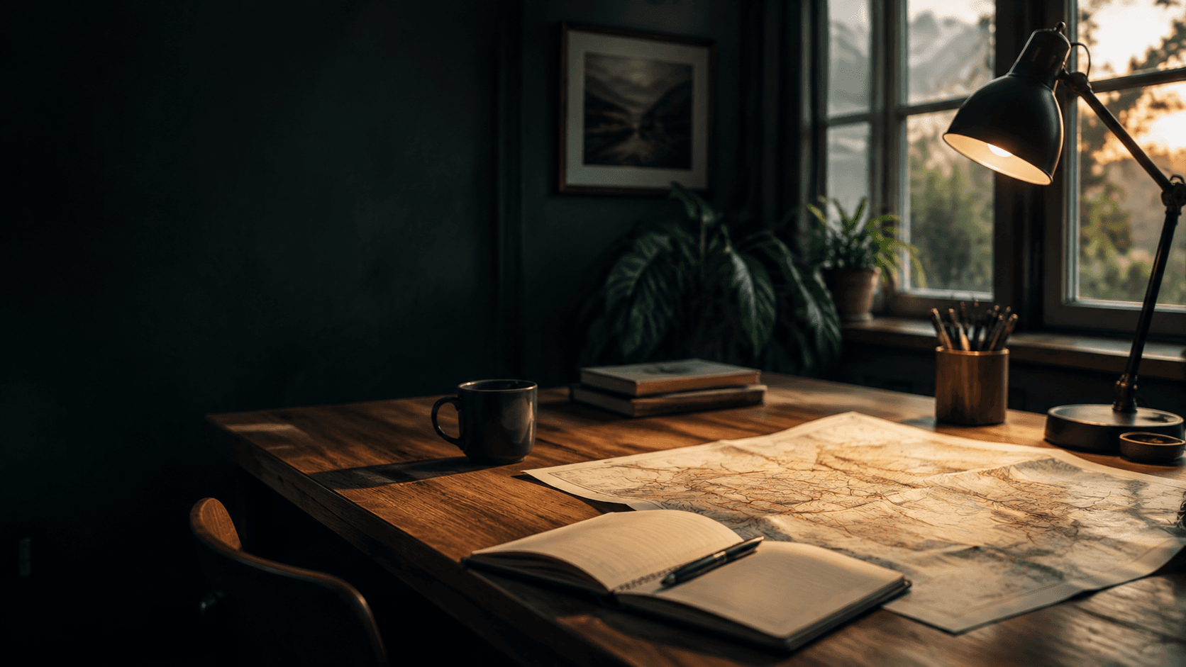 A warm home workspace with a route map, notebook and desk lamp