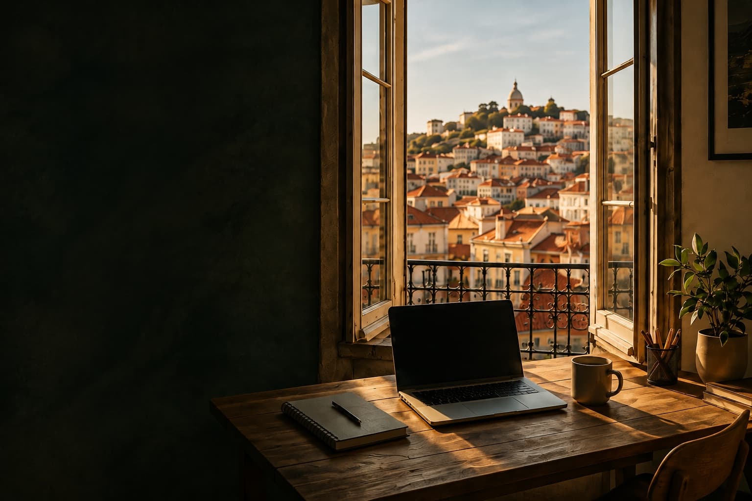 A working desk beside an open window overlooking Lisbon
