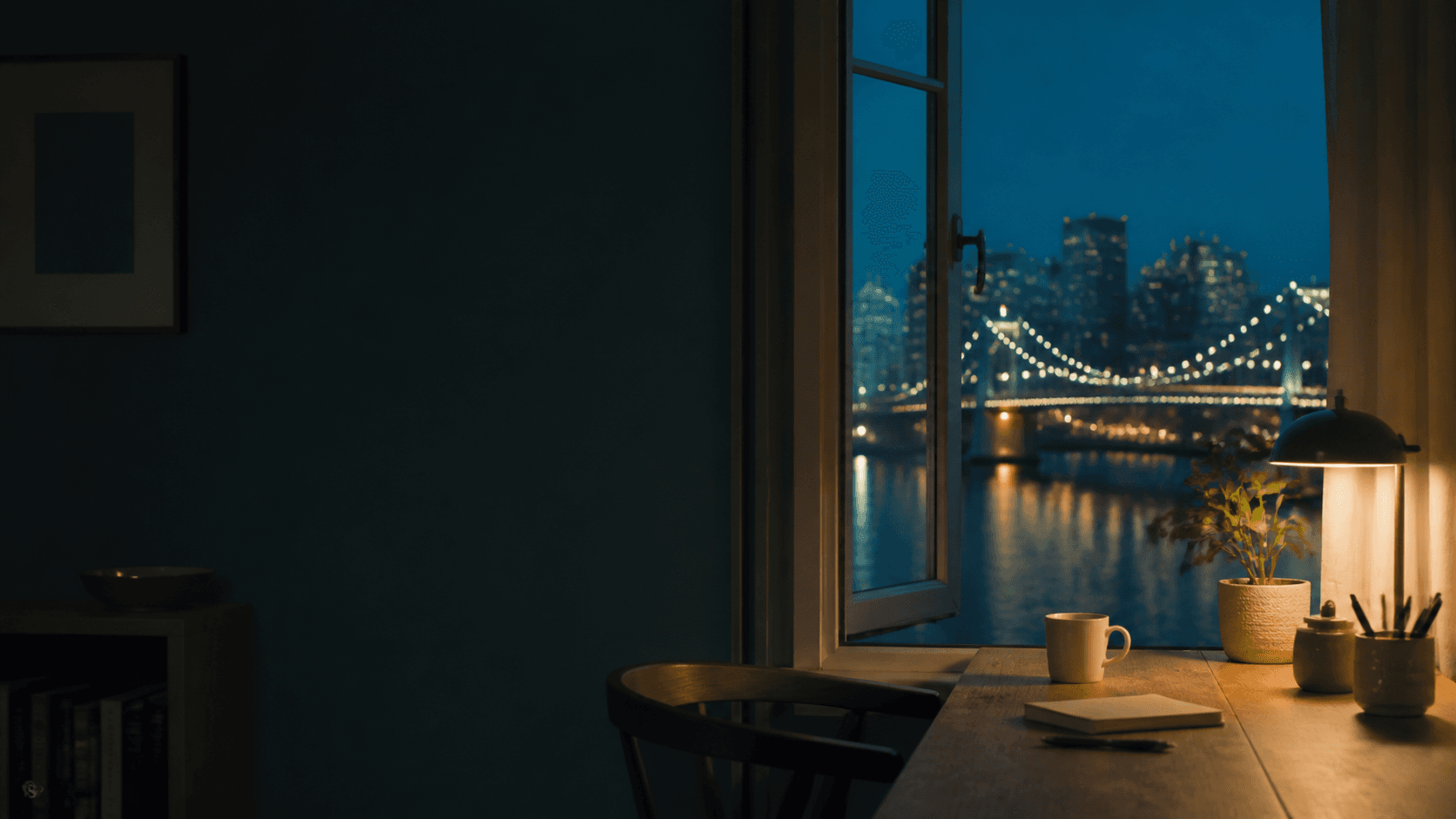A warm home workspace beside a window overlooking a lit bridge at night