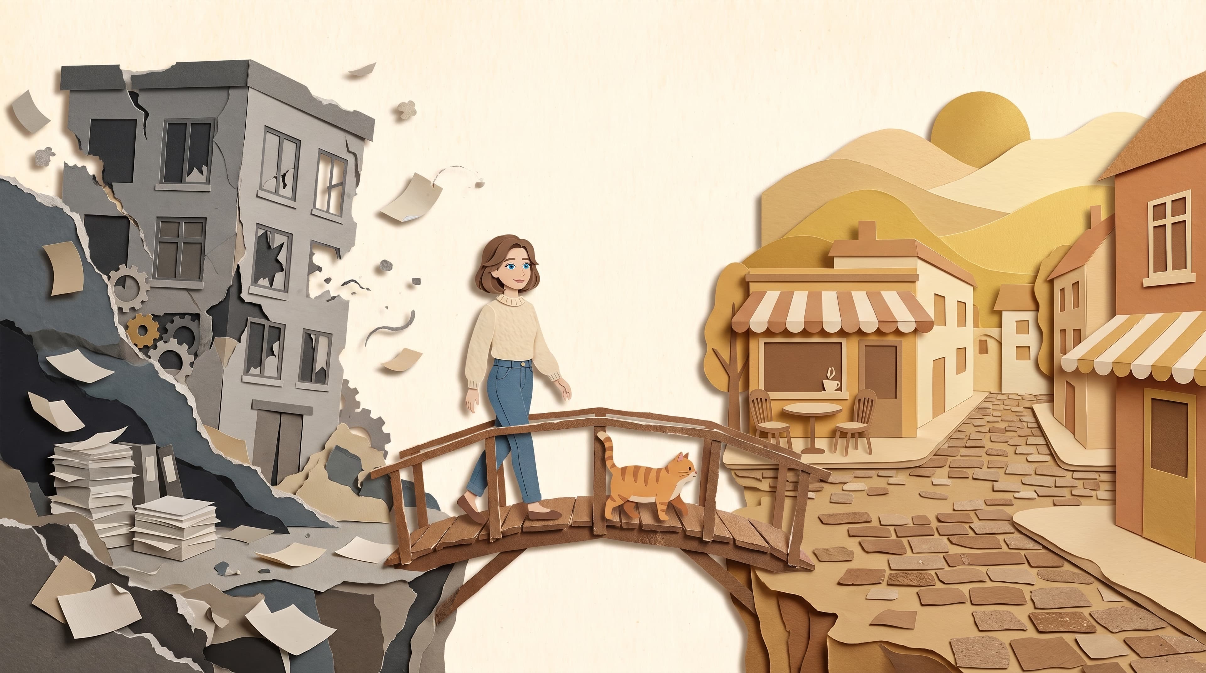 Paper-cut illustration of a woman and her cat crossing a wooden bridge from a crumbling office to a sunny village