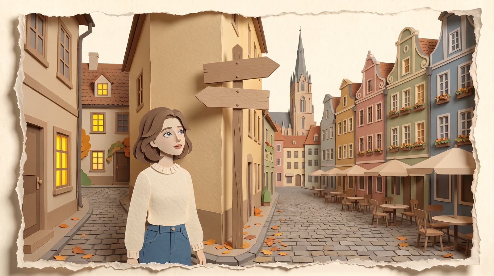 Paper-cut illustration of a woman at a signpost where a cobbled lane splits two ways